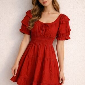 En Saison Red Ruffle-Sleeve Mini Dress